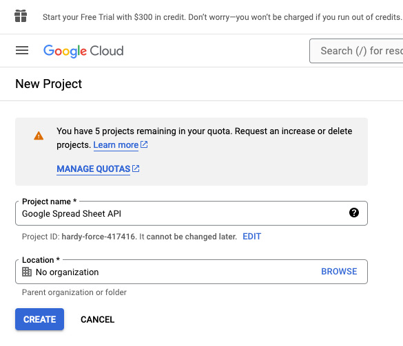 create a project for google sheets