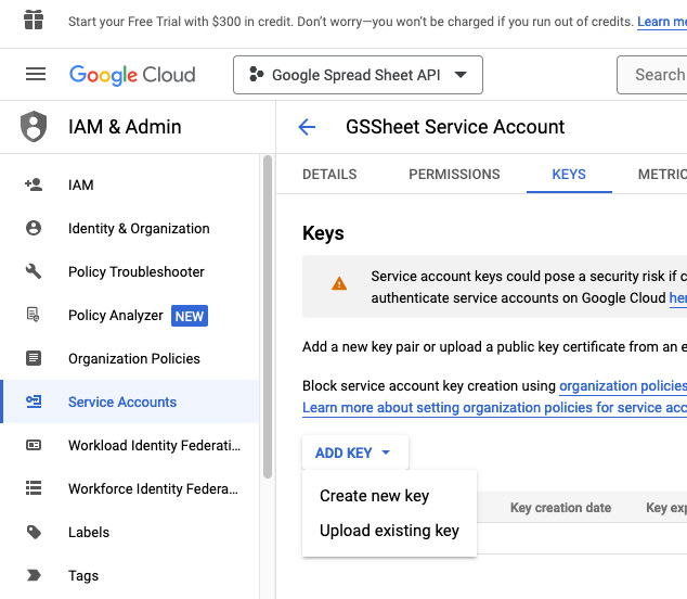 06 key for google sheets service account